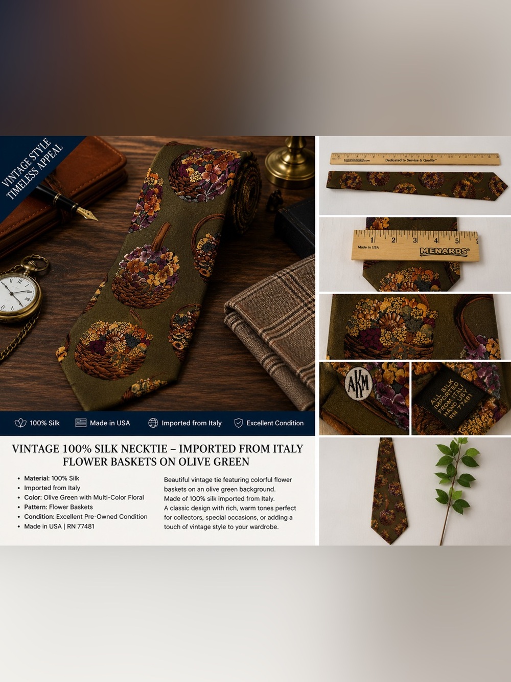 Vintage AKM 100% Silk Necktie Olive Green Floral Basket Italy Wide Tie